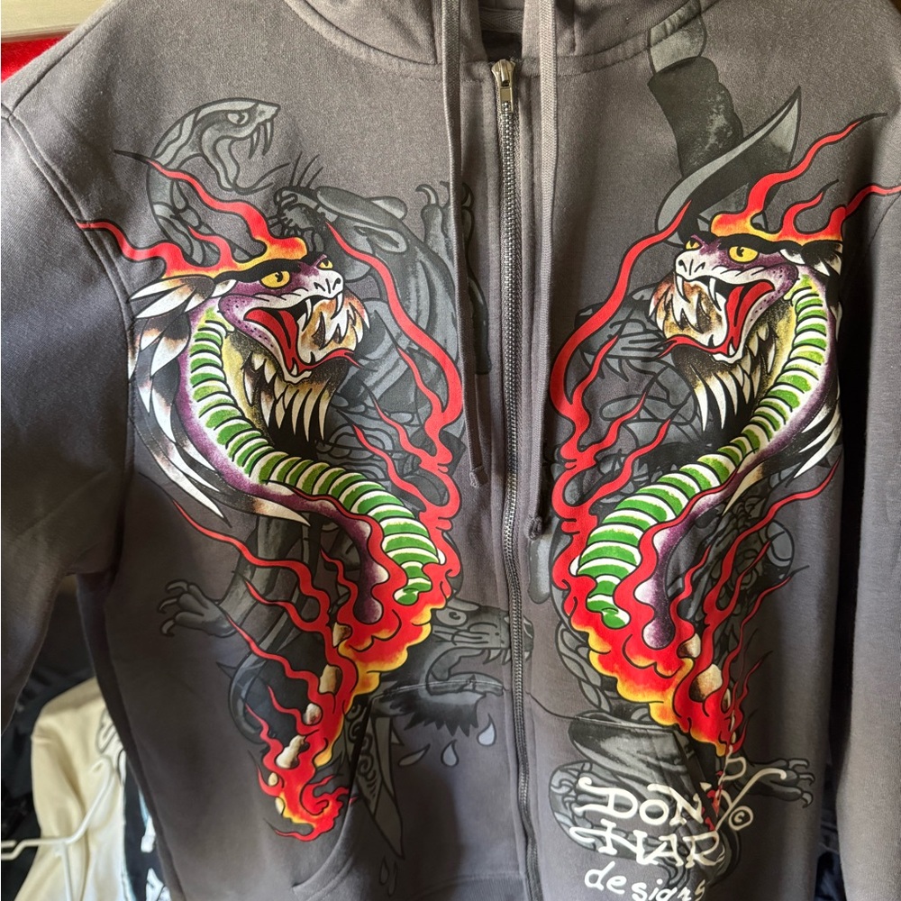 Ed Hardy Gray Jacket with Vibrant Dragon Design